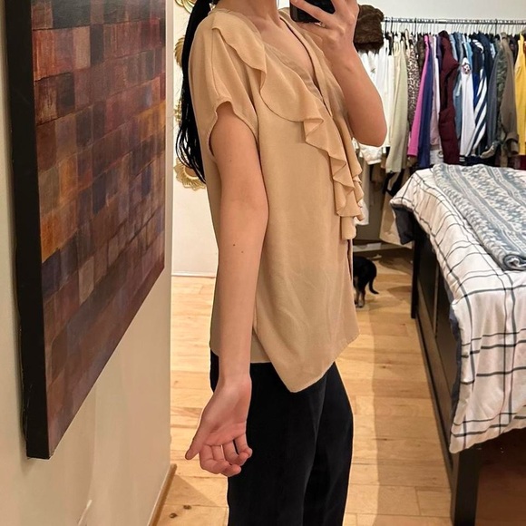 Chic Tan Ruffle V-Neck Blouse - Picture 4 of 7